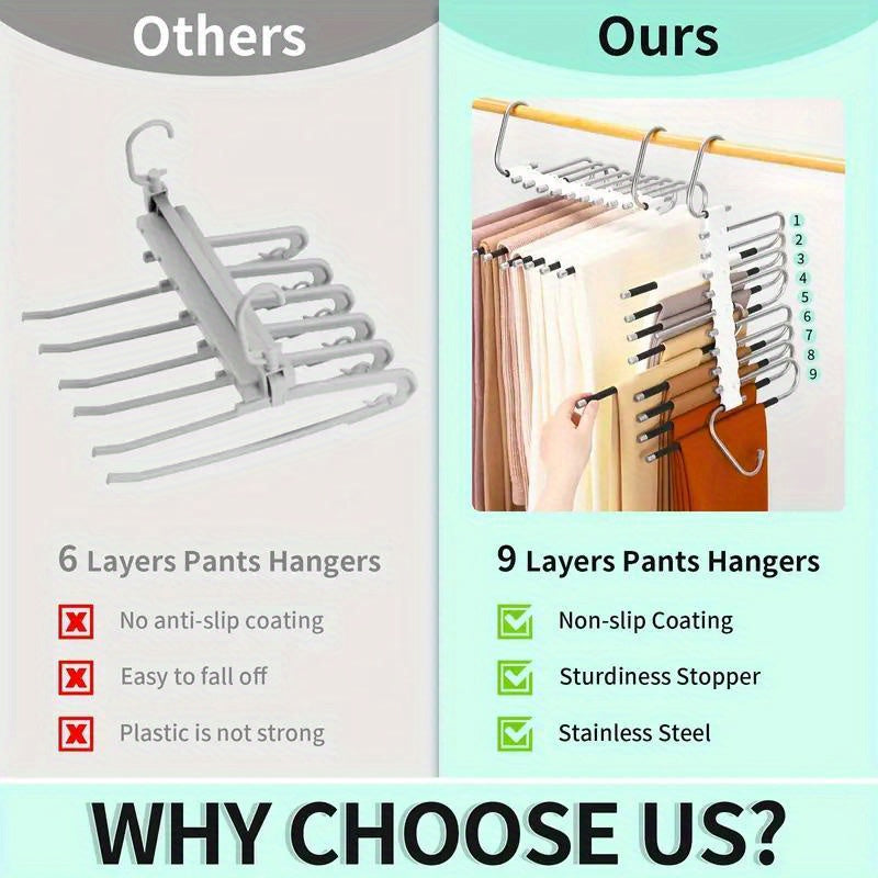 Closet storage solution: Multifunctional stainless steel pants hanger maximizes space, provides non-slip hold for jeans, and features S-shaped design for tight pant storage.