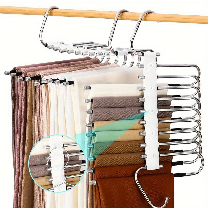 Closet storage solution: Multifunctional stainless steel pants hanger maximizes space, provides non-slip hold for jeans, and features S-shaped design for tight pant storage.