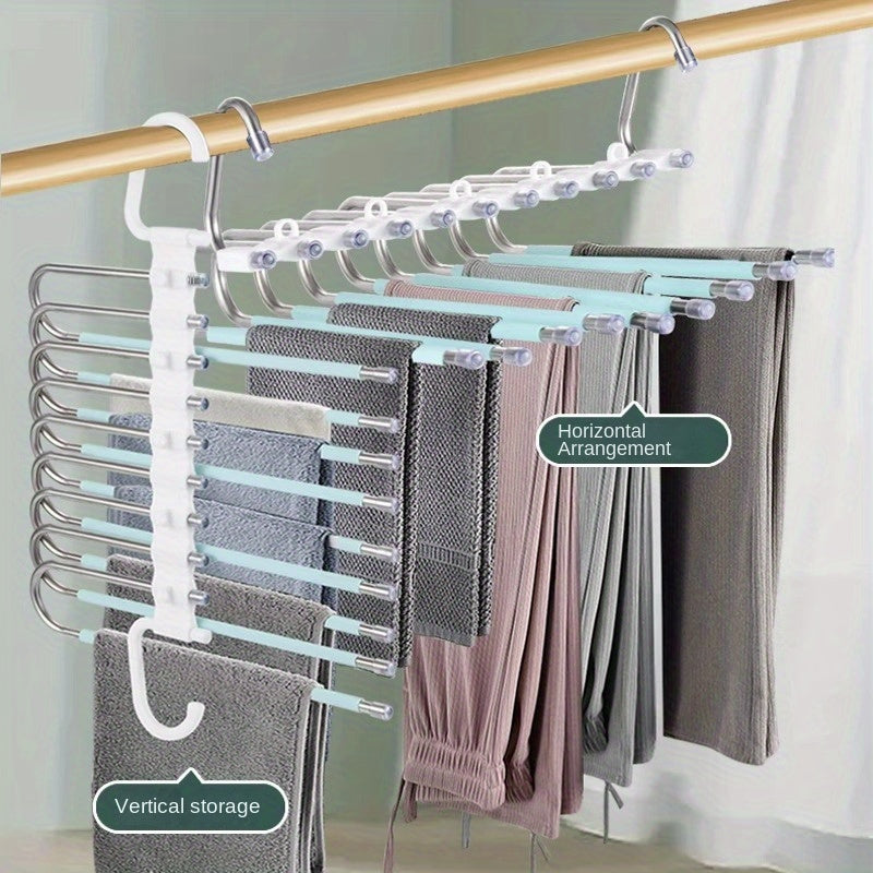 Closet storage solution: Multifunctional stainless steel pants hanger maximizes space, provides non-slip hold for jeans, and features S-shaped design for tight pant storage.