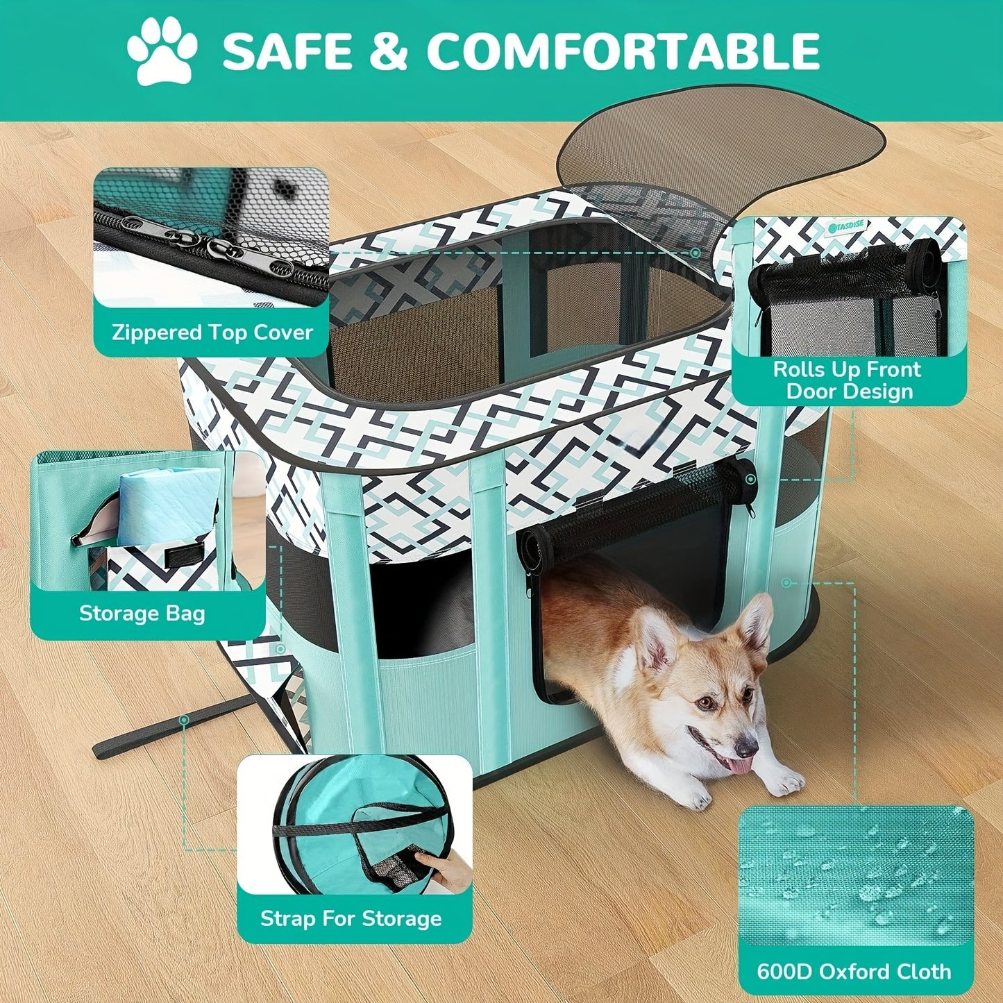 Large portable pet playpen with storage bag, comfortable mesh dog kennel for medium to large pets.