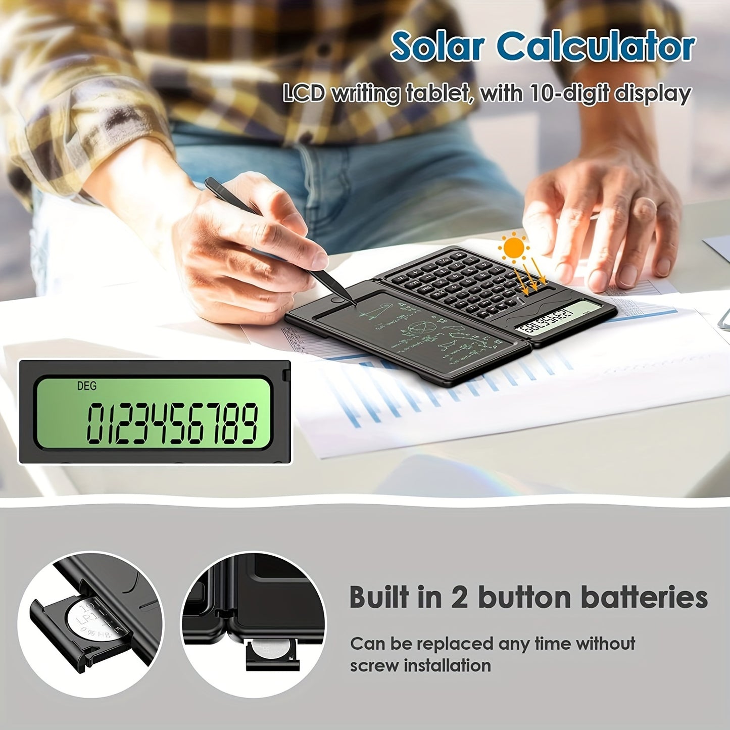 10-digit LCD display folding scientific calculator with handwriting board, dual power supply for teachers and engineers.