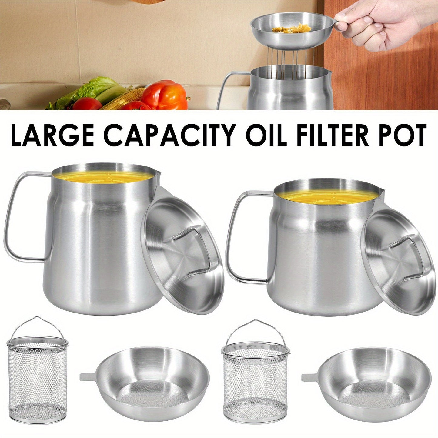 Stainless Steel Oil Strainer Pot with Filter Lid and Frying Basket, 1.5L/2L Capacity - BPA-Free, Features Easy Pour Spout and Handle for Convenient Cooking Grease Storage