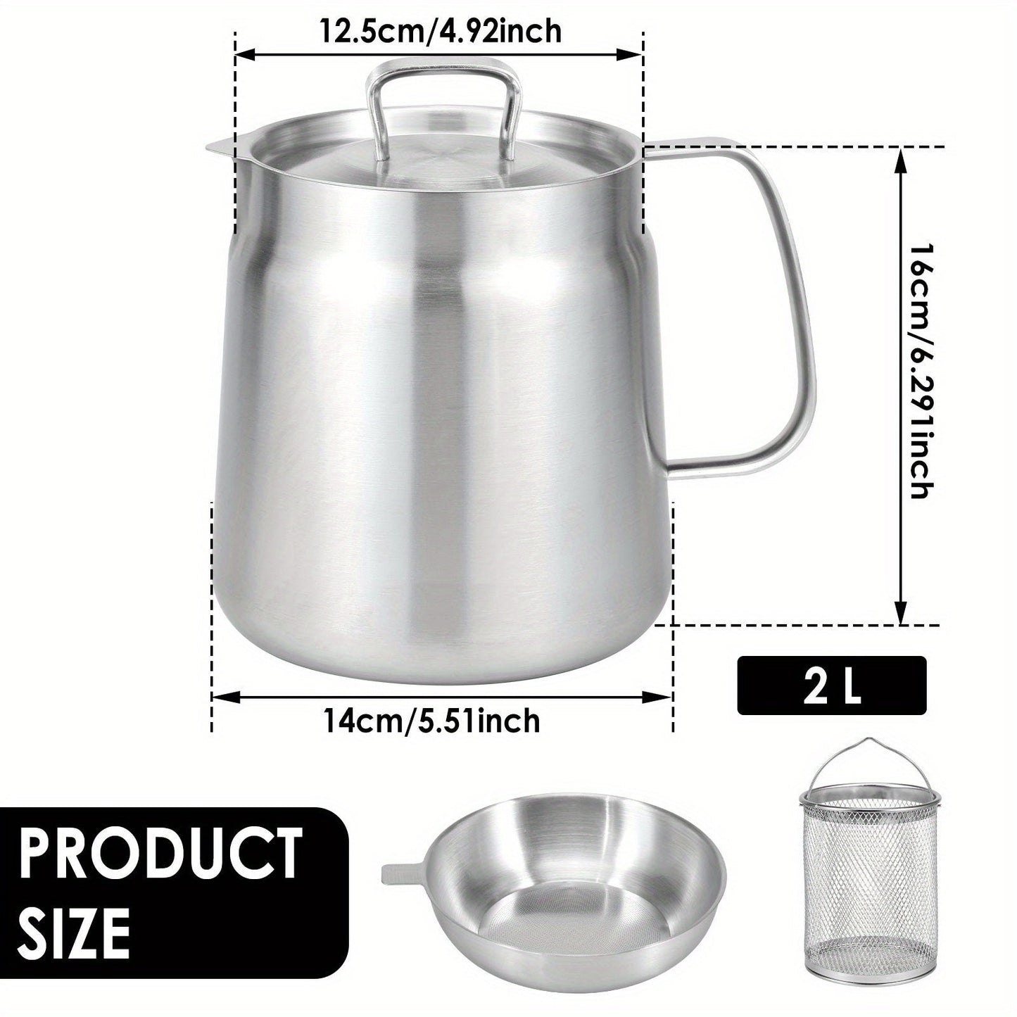 Stainless Steel Oil Strainer Pot with Filter Lid and Frying Basket, 1.5L/2L Capacity - BPA-Free, Features Easy Pour Spout and Handle for Convenient Cooking Grease Storage