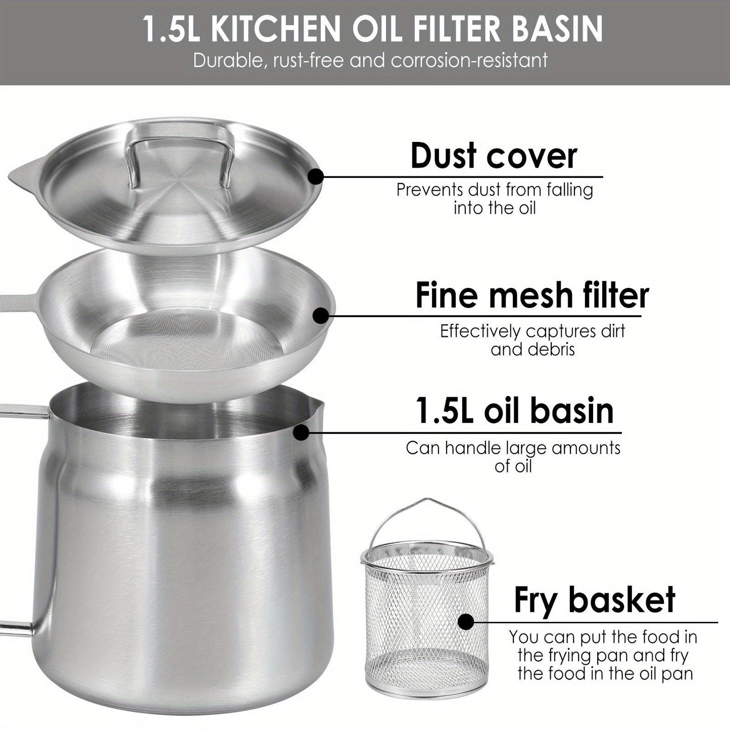 Stainless Steel Oil Strainer Pot with Filter Lid and Frying Basket, 1.5L/2L Capacity - BPA-Free, Features Easy Pour Spout and Handle for Convenient Cooking Grease Storage