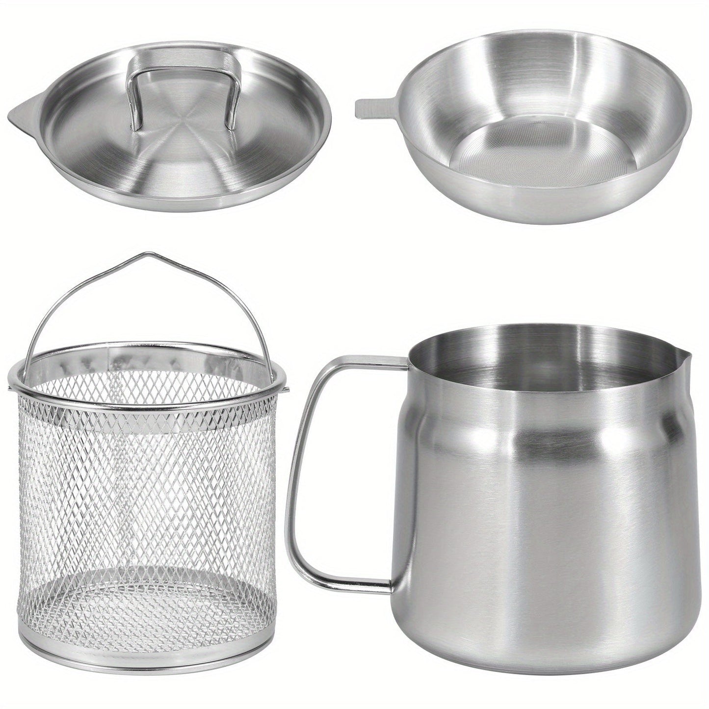 Stainless Steel Oil Strainer Pot with Filter Lid and Frying Basket, 1.5L/2L Capacity - BPA-Free, Features Easy Pour Spout and Handle for Convenient Cooking Grease Storage