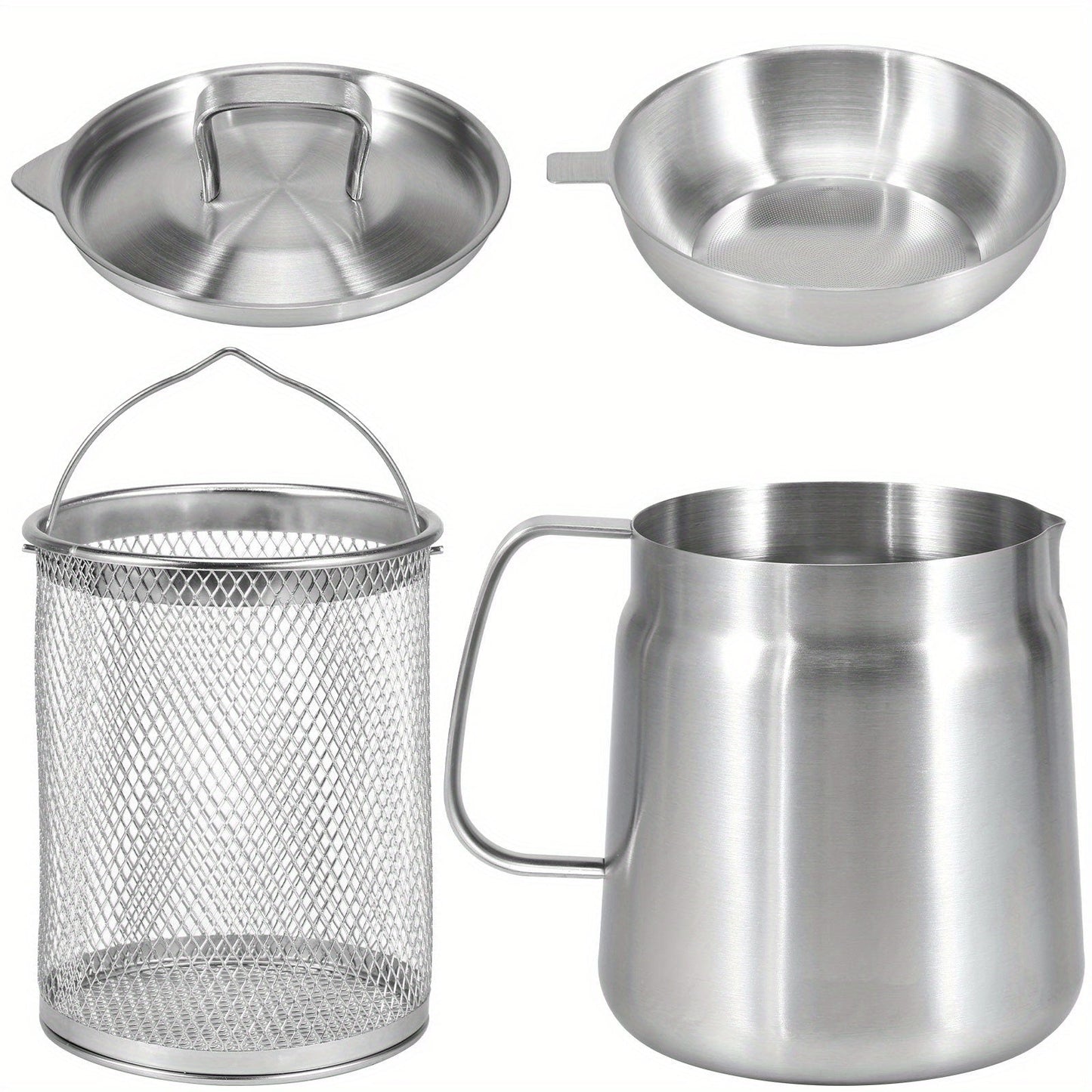 Stainless Steel Oil Strainer Pot with Filter Lid and Frying Basket, 1.5L/2L Capacity - BPA-Free, Features Easy Pour Spout and Handle for Convenient Cooking Grease Storage