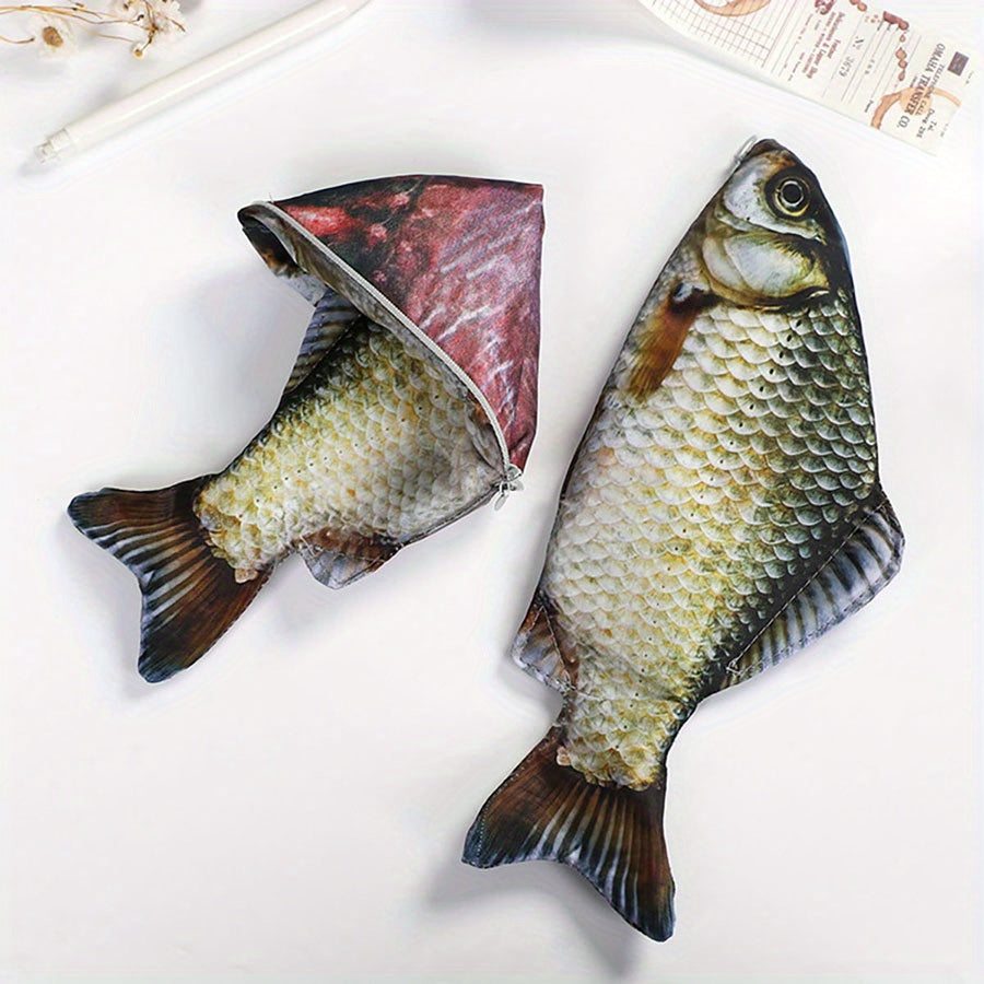 1-piece Carp Fish-shaped zipper pouch for pens, pencils, or makeup. Funny school pencil case with simulated salted fish design. Perfect for Eid Al-Adha celebrations.