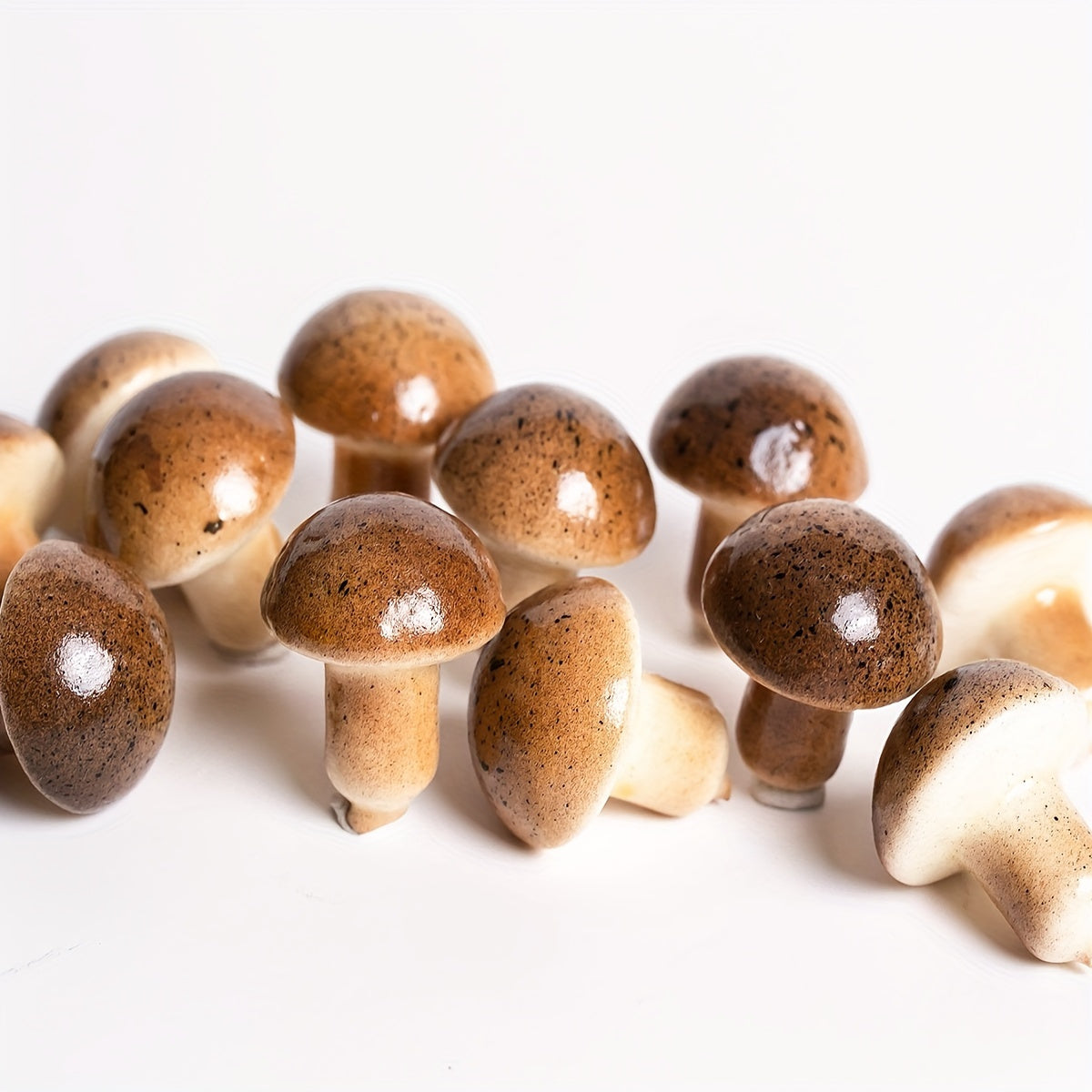 12pcs artificial foam mushrooms, dark brown with white spots, 1.98cm height, ideal for crafts, weddings, parties, and home decor.