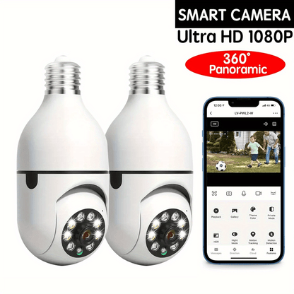 Wireless Wi-Fi smart camera with 360° panoramic surveillance, motion detection, night vision, and two-way talk. Suitable for indoor and outdoor security monitoring.