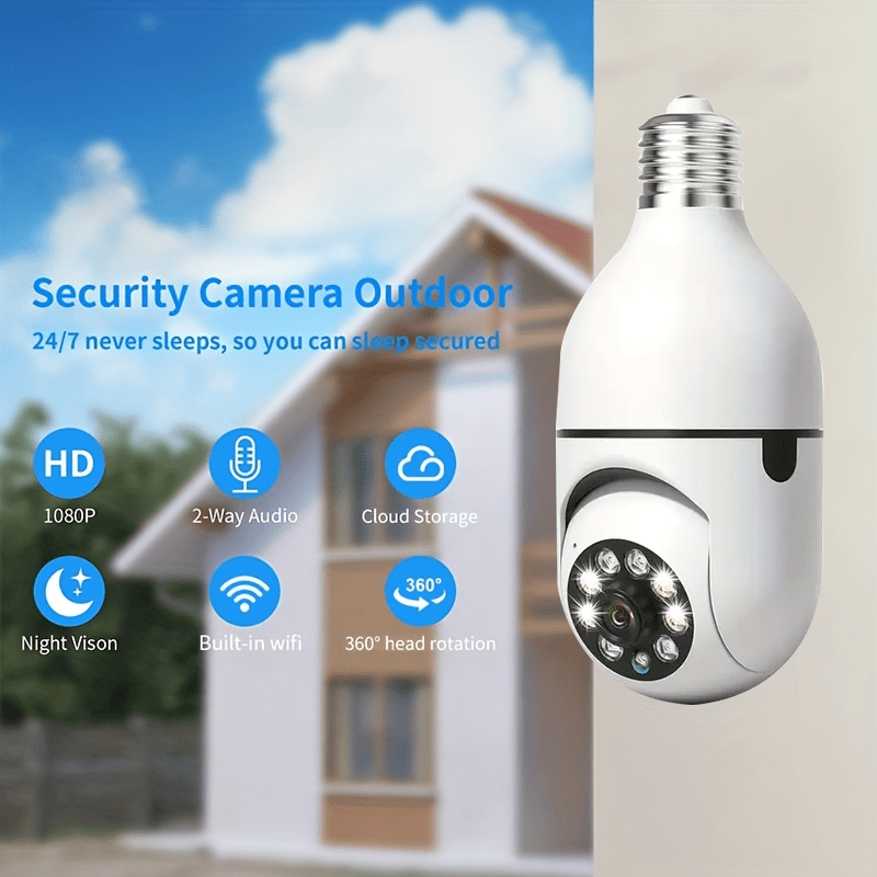 Wireless Wi-Fi smart camera with 360° panoramic surveillance, motion detection, night vision, and two-way talk. Suitable for indoor and outdoor security monitoring.