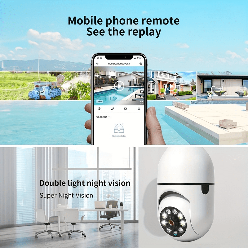 Wireless Wi-Fi smart camera with 360° panoramic surveillance, motion detection, night vision, and two-way talk. Suitable for indoor and outdoor security monitoring.