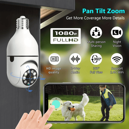 Wireless Wi-Fi smart camera with 360° panoramic surveillance, motion detection, night vision, and two-way talk. Suitable for indoor and outdoor security monitoring.