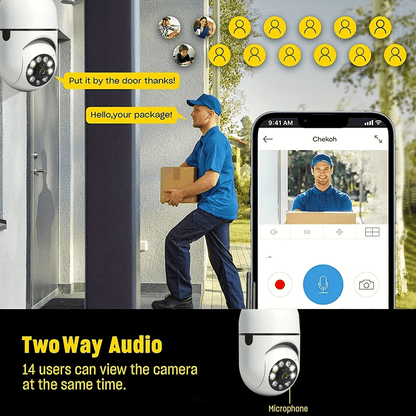 Wireless Wi-Fi smart camera with 360° panoramic surveillance, motion detection, night vision, and two-way talk. Suitable for indoor and outdoor security monitoring.