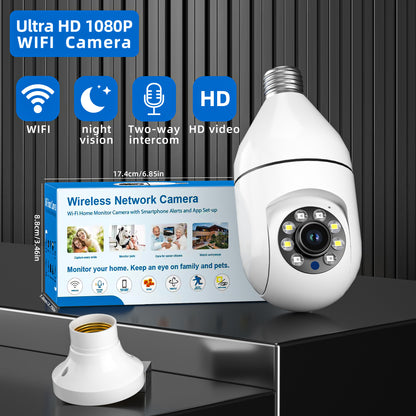 Wireless Wi-Fi smart camera with 360° panoramic surveillance, motion detection, night vision, and two-way talk. Suitable for indoor and outdoor security monitoring.