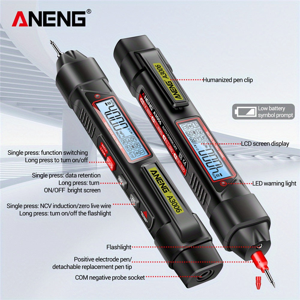 ANENG A3006 High-Precision Digital Multimeter Pen with Voltage, Current, Resistance & Diode Measurements, Large LCD Display, Battery Operated (AAA) - Perfect for Electrical Troubleshooting