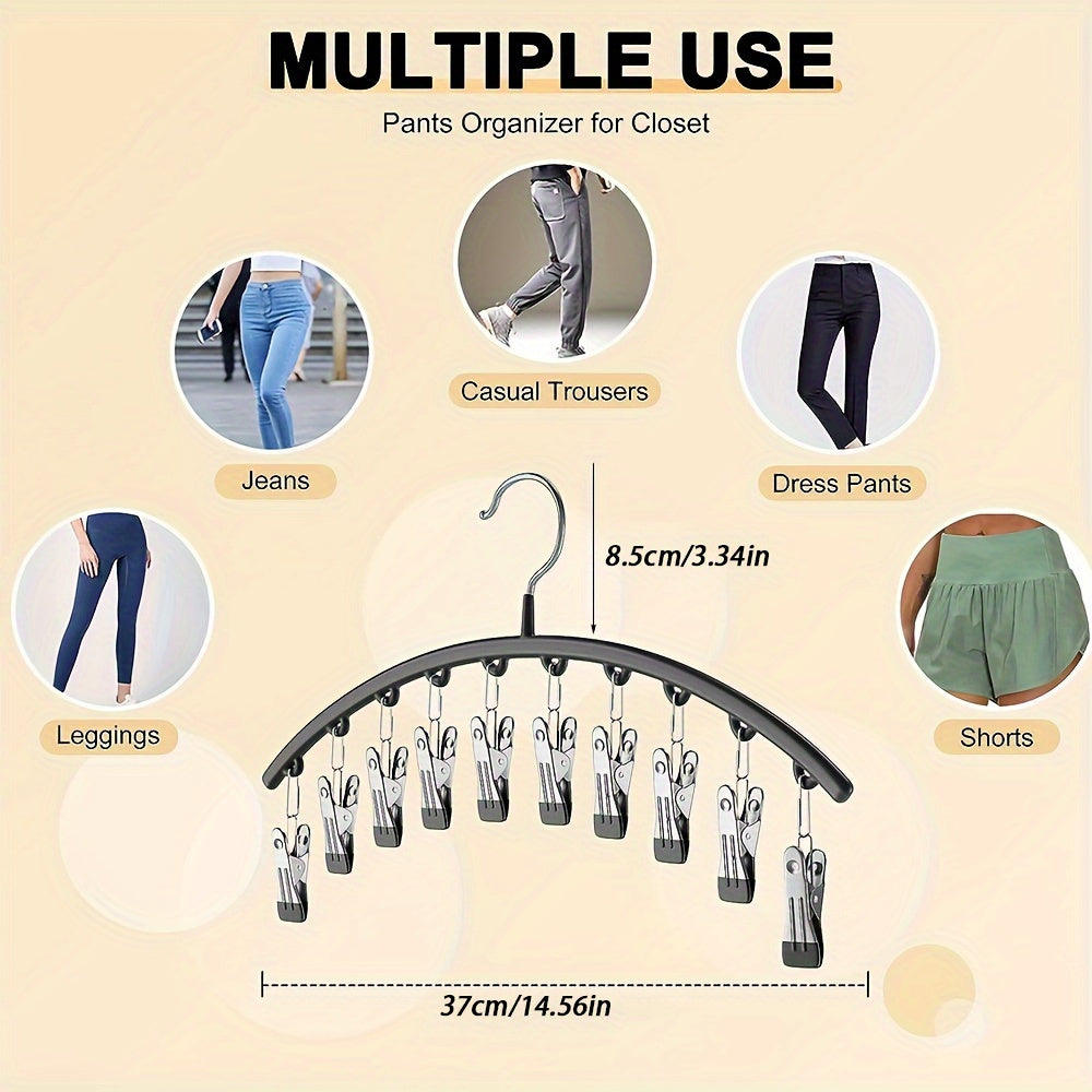 10-Clip Metal Hanger for Jeans, Leggings, Hats - Compact Design Saves Space, Strong and Multi-Purpose with Clothespins, Perfect for Home, Dorm, Travel, Clothing Organization