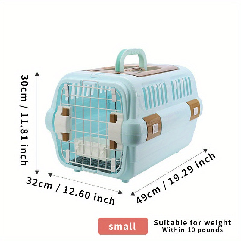 Portable pet air case with hanging bowl, diaper pad, cat storage box, car cage, and large plastic cat cage.