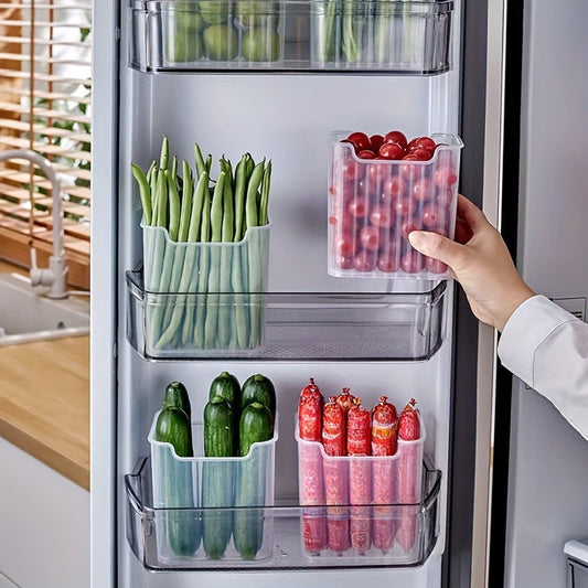 Clear space-saving PP storage bins designed to optimize refrigerator storage. These durable and reusable bins are perfect for organizing and sorting food items such as fruits, vegetables, eggs, and meat. A must-have for any kitchen looking to stay