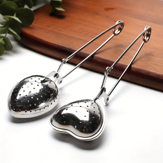 Heart-shaped stainless steel tea infuser with long handle, perfect for steeping loose leaf or herbal tea in the comfort of your home, restaurant, hotel, or office. A versatile tea accessory for your teaware collection.