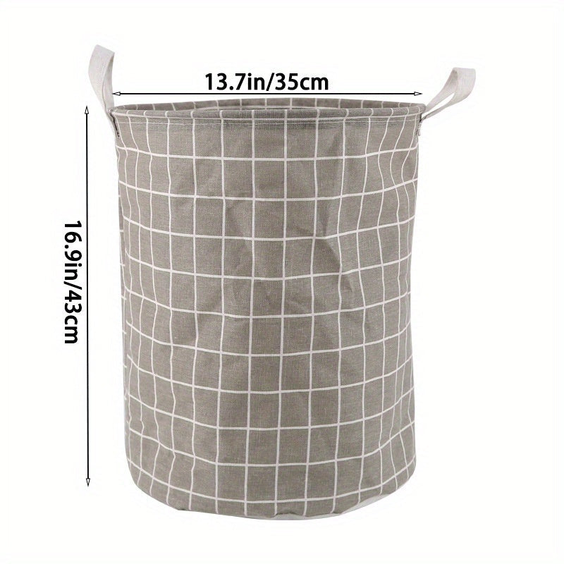 One piece of an extra-large round laundry basket with handles in a classic black and white grid and gray line patterns. Versatile for any room, this portable dirty clothes hamper is perfect for your laundry needs.