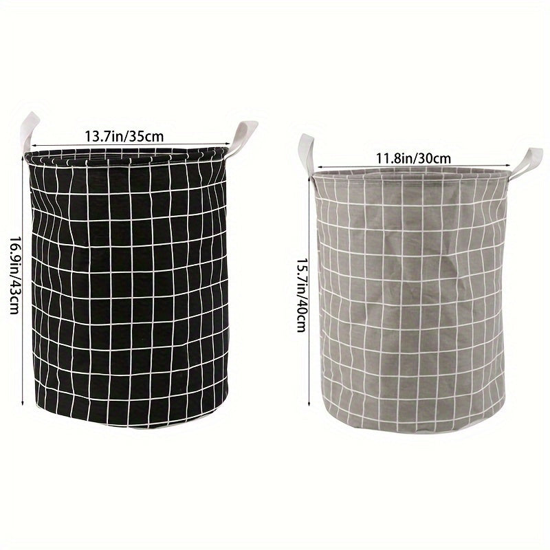 One piece of an extra-large round laundry basket with handles in a classic black and white grid and gray line patterns. Versatile for any room, this portable dirty clothes hamper is perfect for your laundry needs.