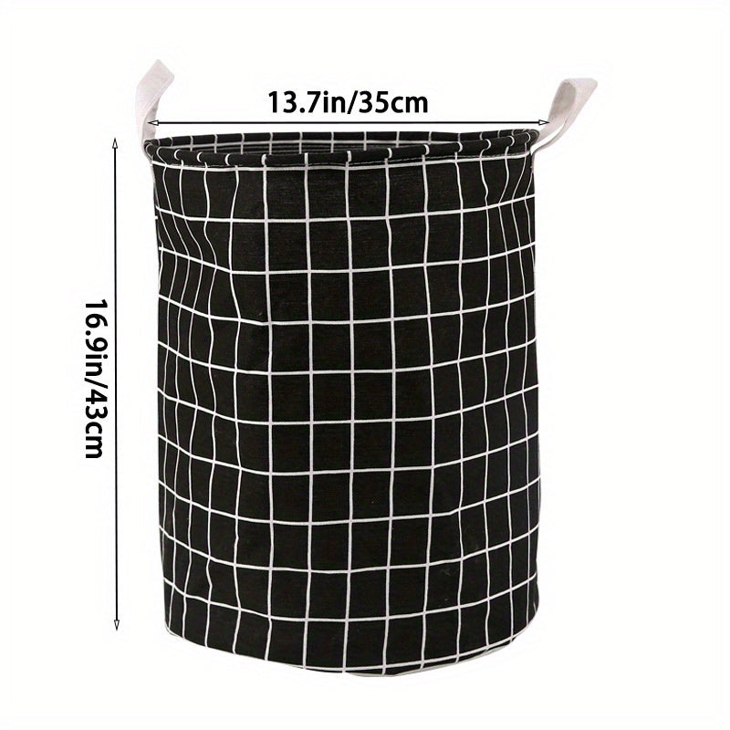 One piece of an extra-large round laundry basket with handles in a classic black and white grid and gray line patterns. Versatile for any room, this portable dirty clothes hamper is perfect for your laundry needs.