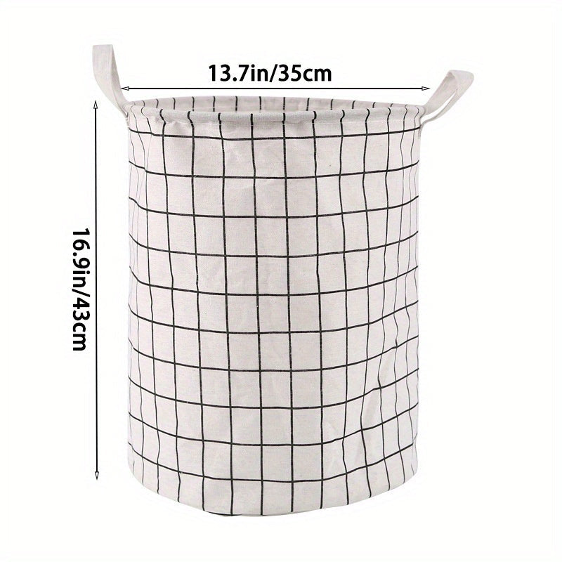 One piece of an extra-large round laundry basket with handles in a classic black and white grid and gray line patterns. Versatile for any room, this portable dirty clothes hamper is perfect for your laundry needs.