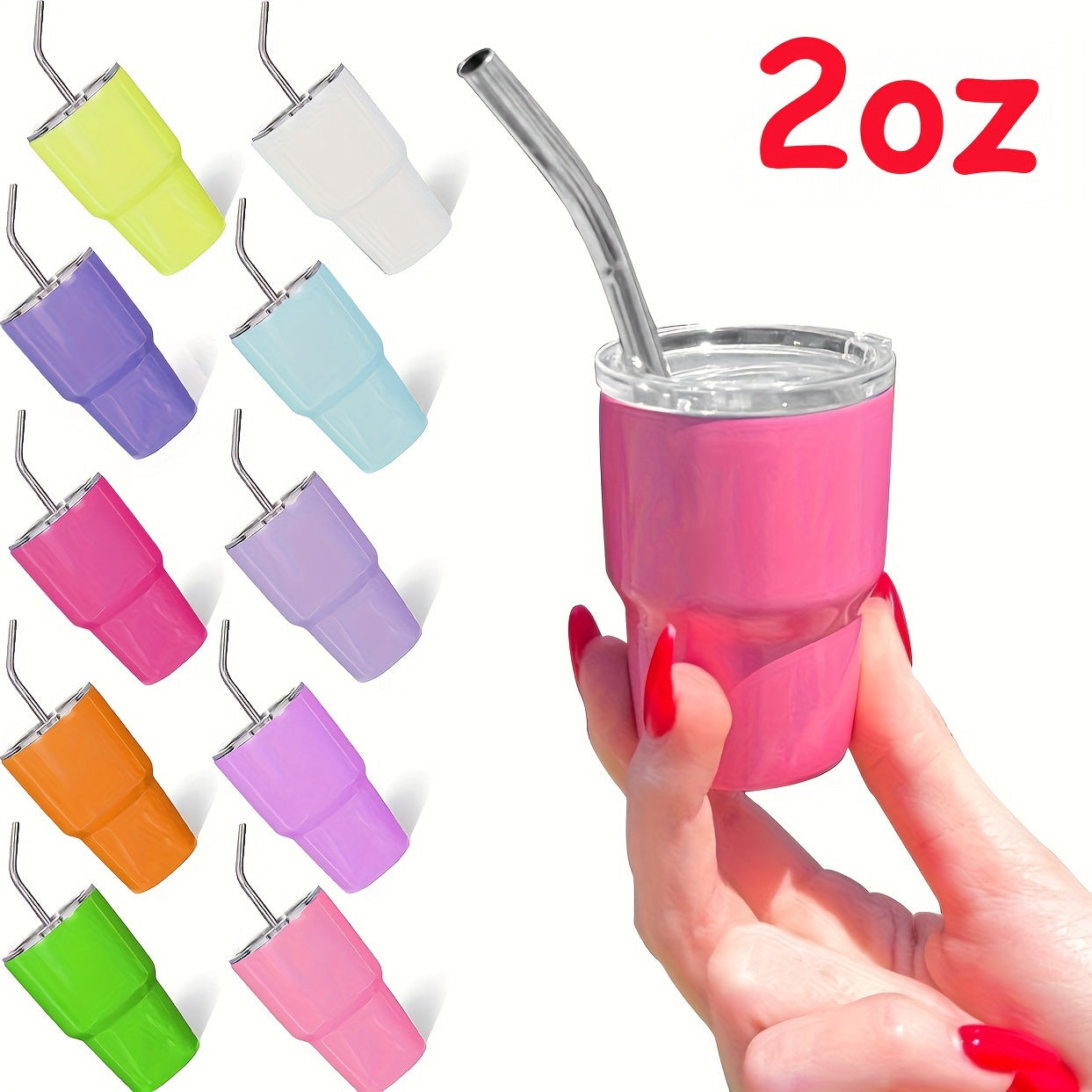 6pcs of 2oz stainless steel shot glasses with lids and straws, designed like tumblers for insulation. Ideal for use in bars, clubs, restaurants, and at home.