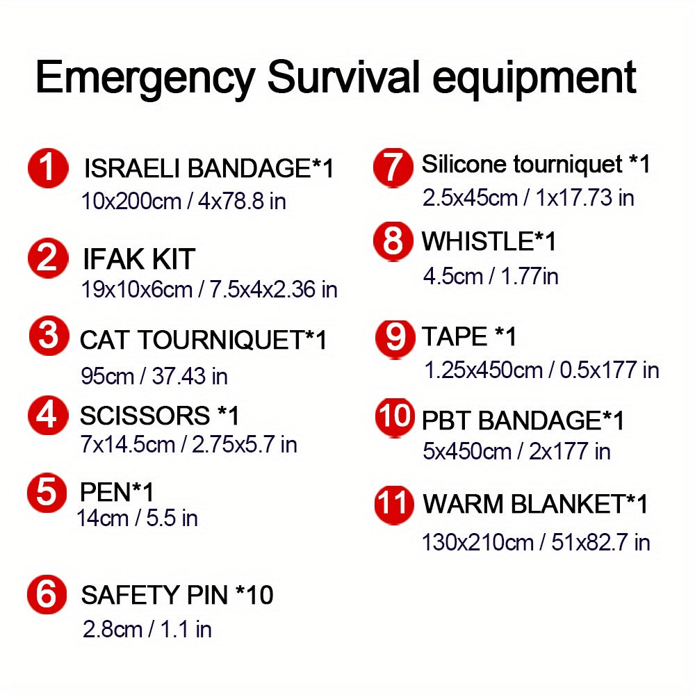 Emergency outdoor adventure equipment set with medical bag, first aid survival kit, tourniquet bag, and camping supplies.