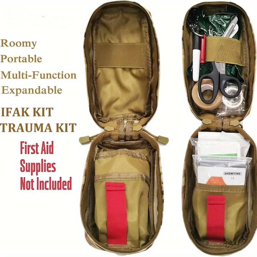 Emergency outdoor adventure equipment set with medical bag, first aid survival kit, tourniquet bag, and camping supplies.