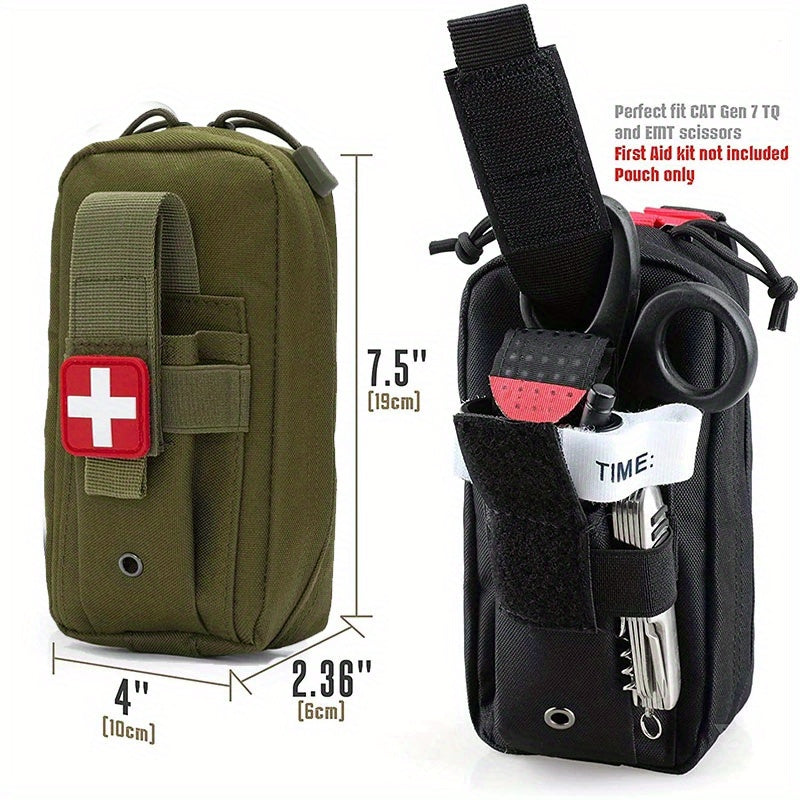 Emergency outdoor adventure equipment set with medical bag, first aid survival kit, tourniquet bag, and camping supplies.