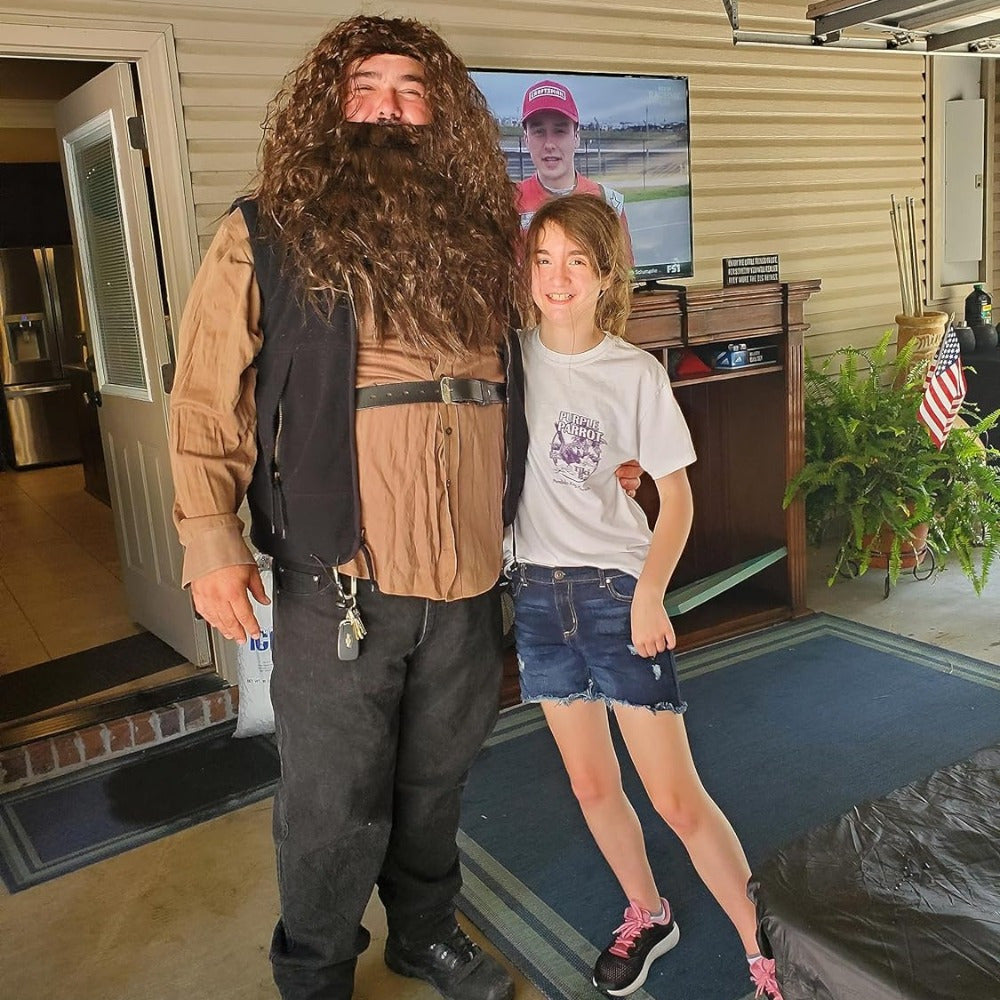 Accessory set for Halloween or Father's Day featuring a brown wizard beard and wig, sure to bring some humor to your costume.