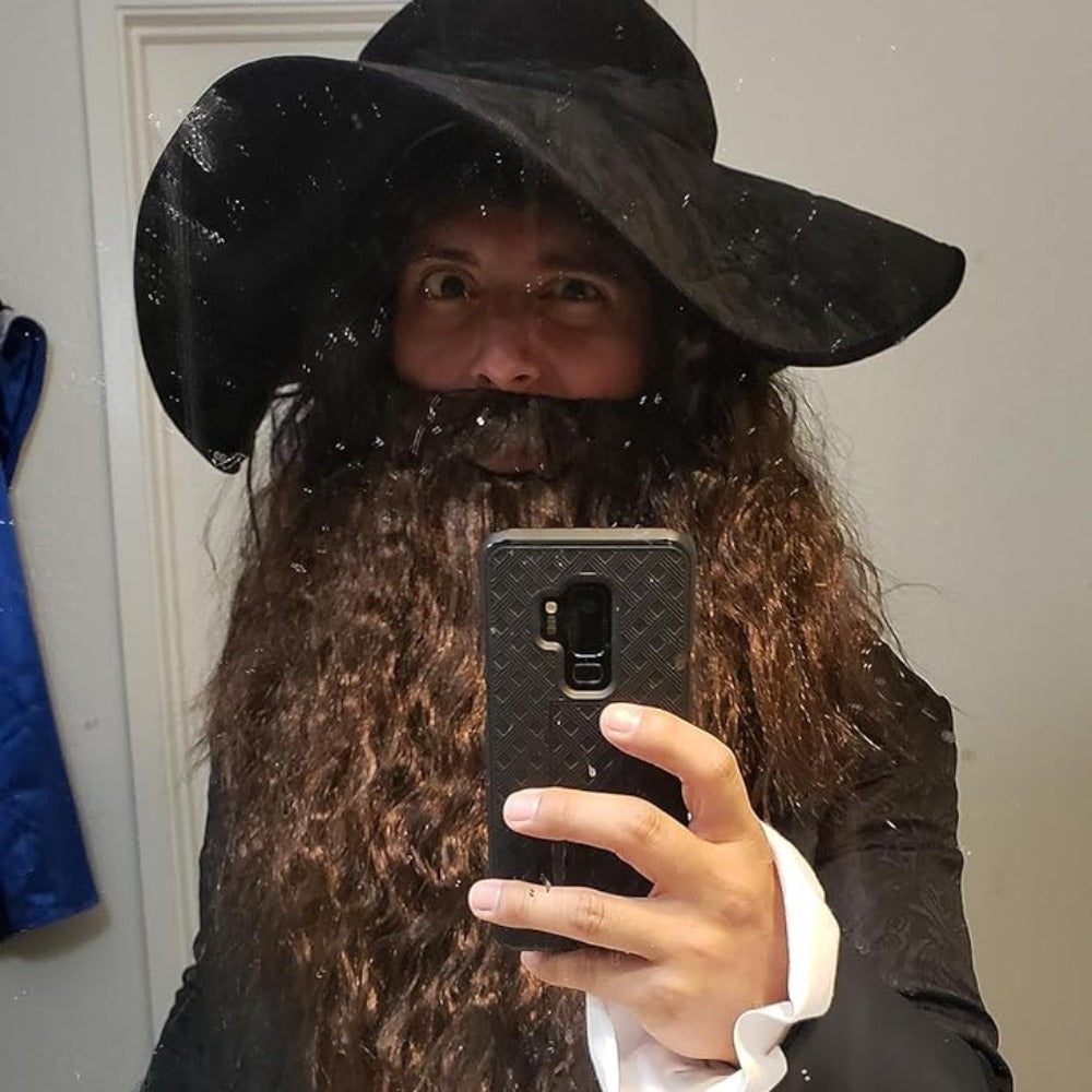 Accessory set for Halloween or Father's Day featuring a brown wizard beard and wig, sure to bring some humor to your costume.