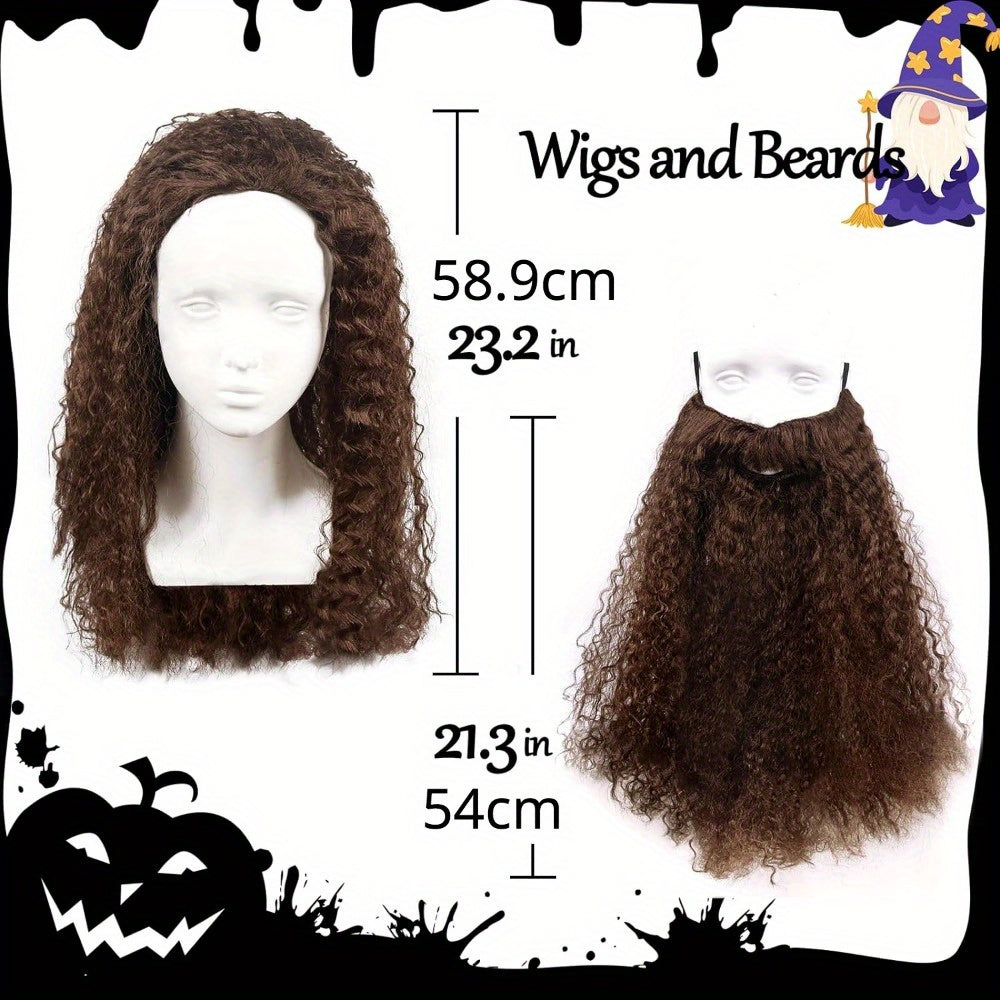 Accessory set for Halloween or Father's Day featuring a brown wizard beard and wig, sure to bring some humor to your costume.