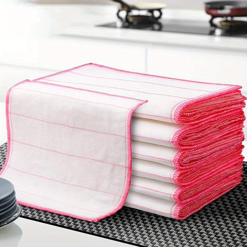 Set of 10 Ultra-Absorbent Microfiber Kitchen Towels - 10-Layer Thickened Cleaning Cloths with Pink Border, Oil-Resistant & Long Lasting Scouring Pads for Kitchen or Bathroom, 30cm, Dish Towels