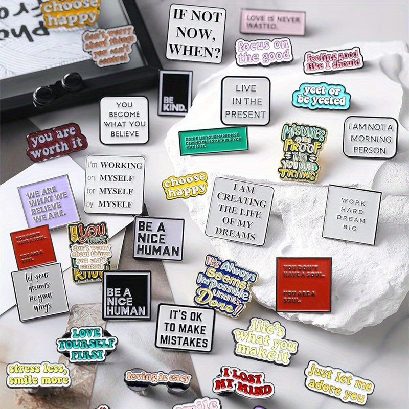 Bulk set of enamel pins with motivational sayings and quotes, perfect for adding positive vibes to friends' clothing or backpacks. Each set includes 30/20/10 randomly chosen pins, made of durable alloy. The perfect gift for anyone in need of a little