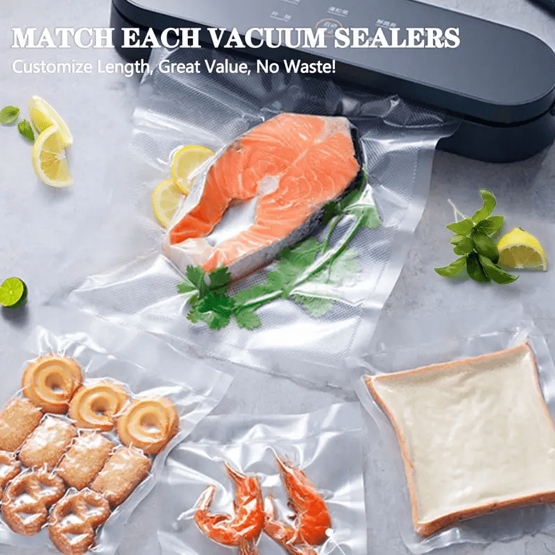 Two rolls of BPA-Free vacuum sealing bags, each measuring 5 meters in length. These reusable plastic food storage bags feature a pattern and require no power. Perfect for preserving microwaved, steamed, boiled, and refrigerated foods.