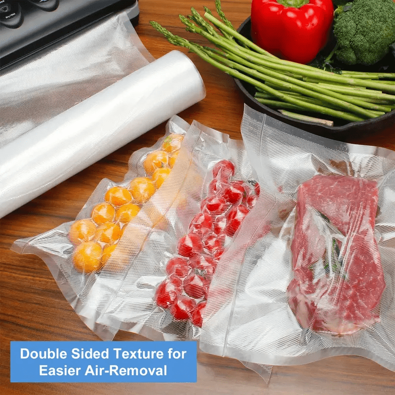 Two rolls of BPA-Free vacuum sealing bags, each measuring 5 meters in length. These reusable plastic food storage bags feature a pattern and require no power. Perfect for preserving microwaved, steamed, boiled, and refrigerated foods.