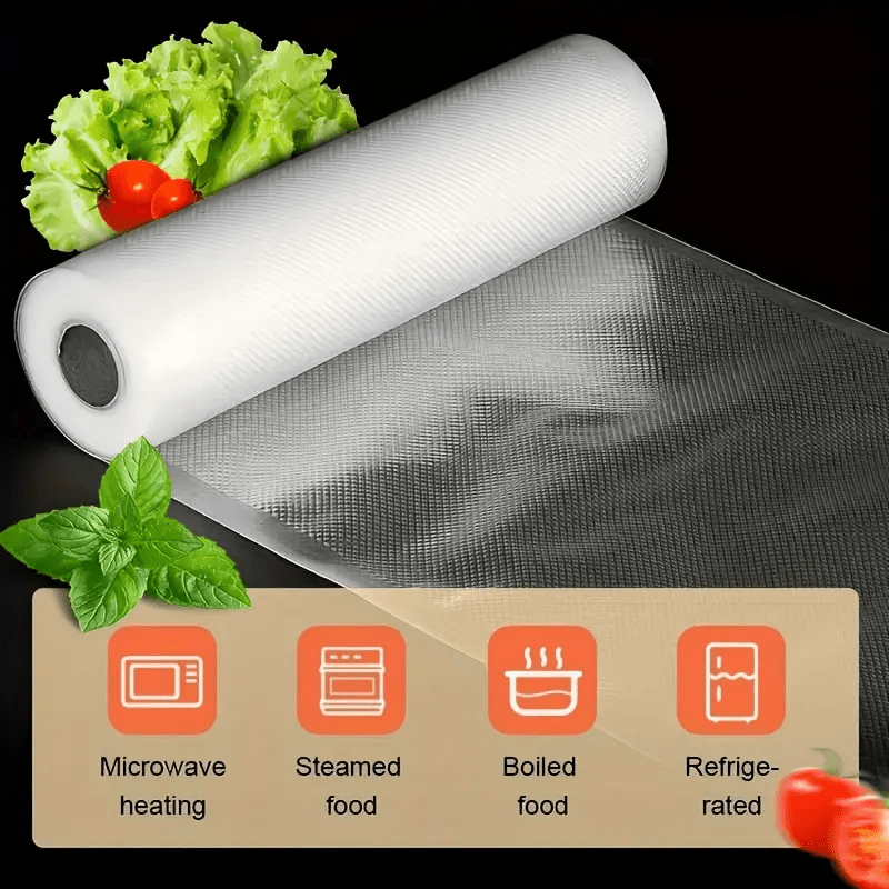 Two rolls of BPA-Free vacuum sealing bags, each measuring 5 meters in length. These reusable plastic food storage bags feature a pattern and require no power. Perfect for preserving microwaved, steamed, boiled, and refrigerated foods.