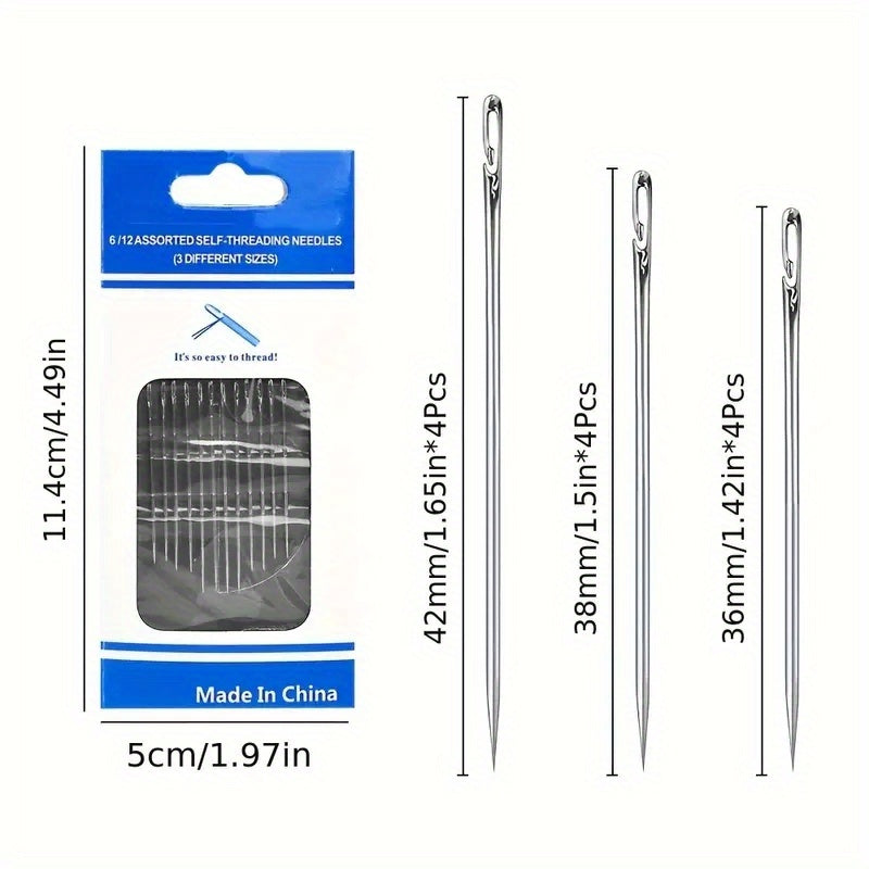 Self-threading hand sewing needles in assorted sizes with side opening, quick threading darning needles in wooden storage tube.