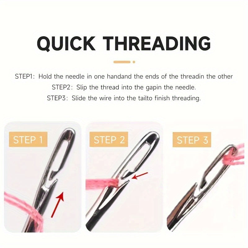 Self-threading hand sewing needles in assorted sizes with side opening, quick threading darning needles in wooden storage tube.