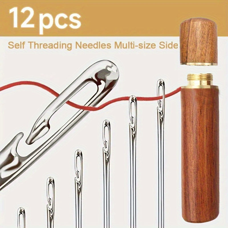 Self-threading hand sewing needles in assorted sizes with side opening, quick threading darning needles in wooden storage tube.