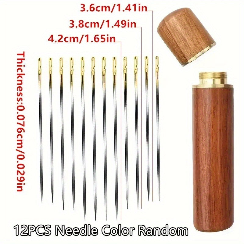 Self-threading hand sewing needles in assorted sizes with side opening, quick threading darning needles in wooden storage tube.