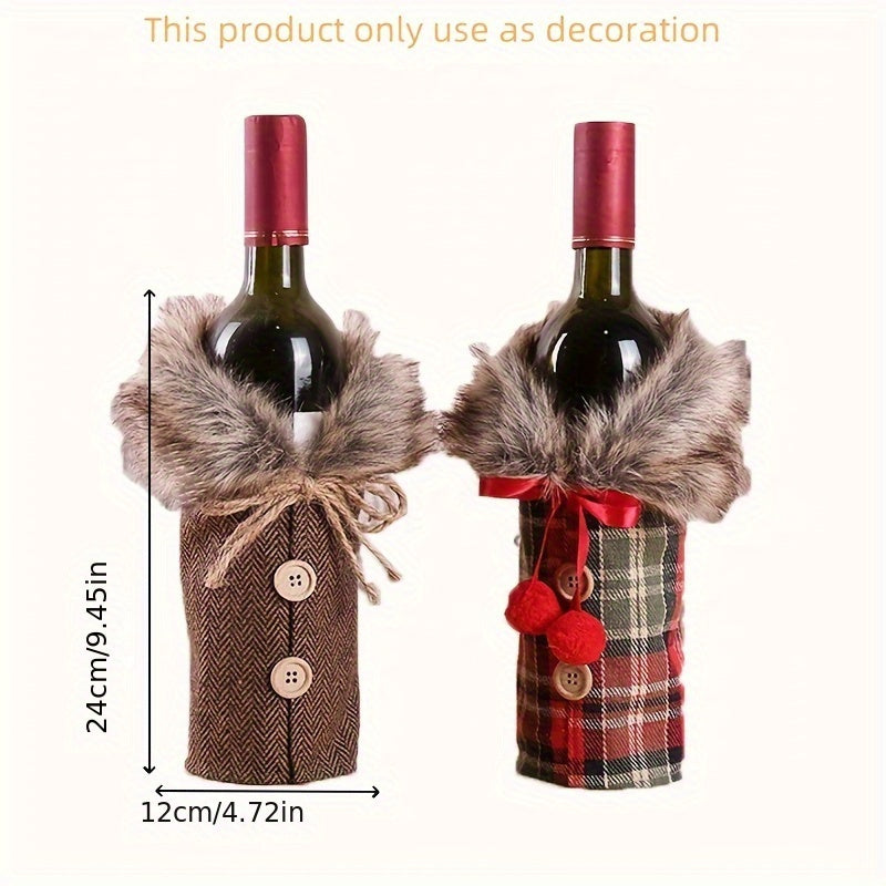 Festive Christmas wine bottle cover with plush fur collar, made of polyester, ideal for holiday parties and home decor.