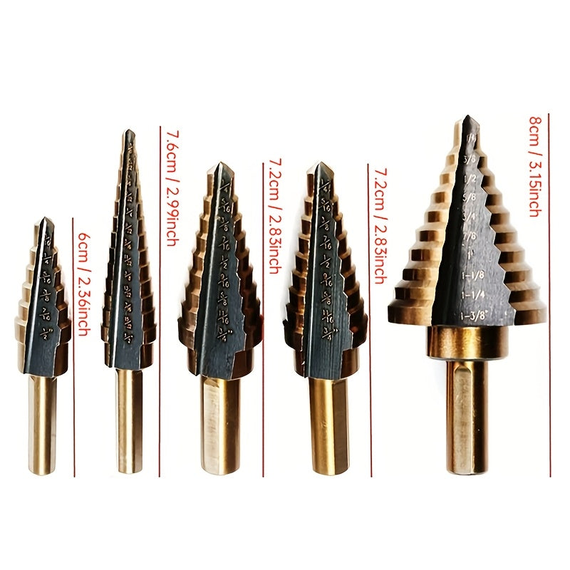 5pc HSS Cobalt Step Drill Bit Set for Metal and Wood Drilling with Aluminum Case.