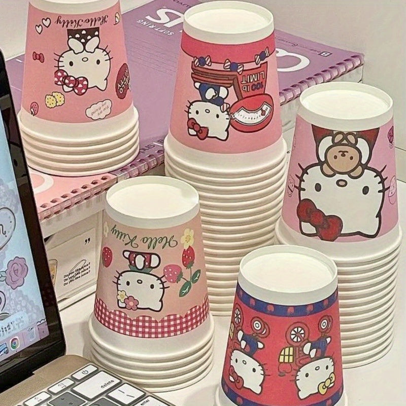 Set of 50 Cute Cartoon Pattern Paper Cups in Pink Mixed Design - Perfect for Parties, Picnics, Camping, Office, Dining Room, and Home Use. Disposable Water Cups.