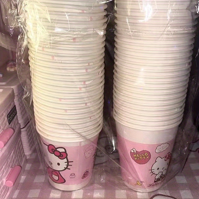 Set of 50 Cute Cartoon Pattern Paper Cups in Pink Mixed Design - Perfect for Parties, Picnics, Camping, Office, Dining Room, and Home Use. Disposable Water Cups.