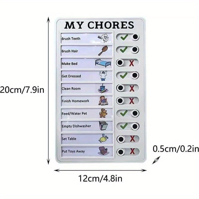 Reusable plastic chore chart with sliding tabs for daily tasks, visual self-discipline checklist for home use.