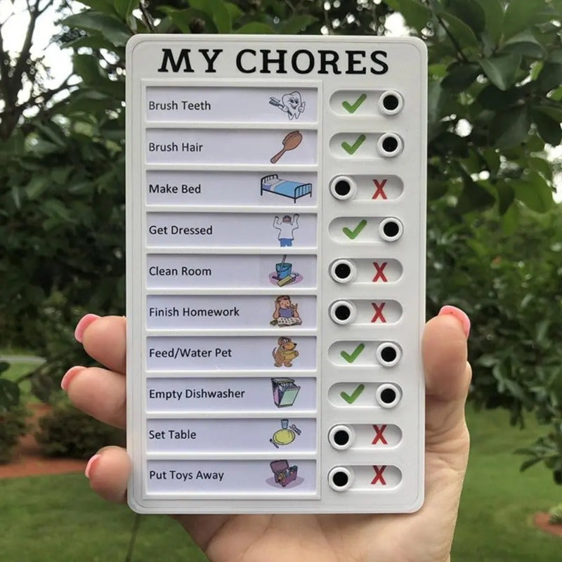 Reusable plastic chore chart with sliding tabs for daily tasks, visual self-discipline checklist for home use.