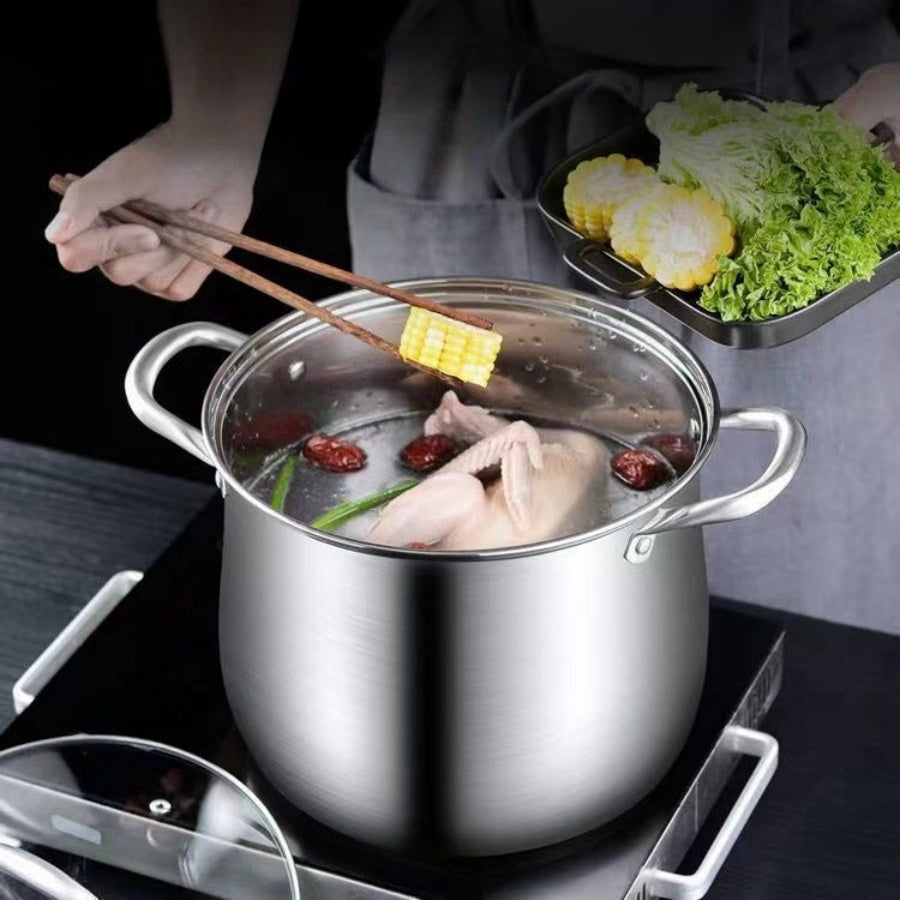 Durable Stainless Steel Soup Pot with Large Capacity, Perfect for Boiling Soup, Making Porridge, Steaming, and Stewing. Compatible with Induction Cookers and Gas Stoves.